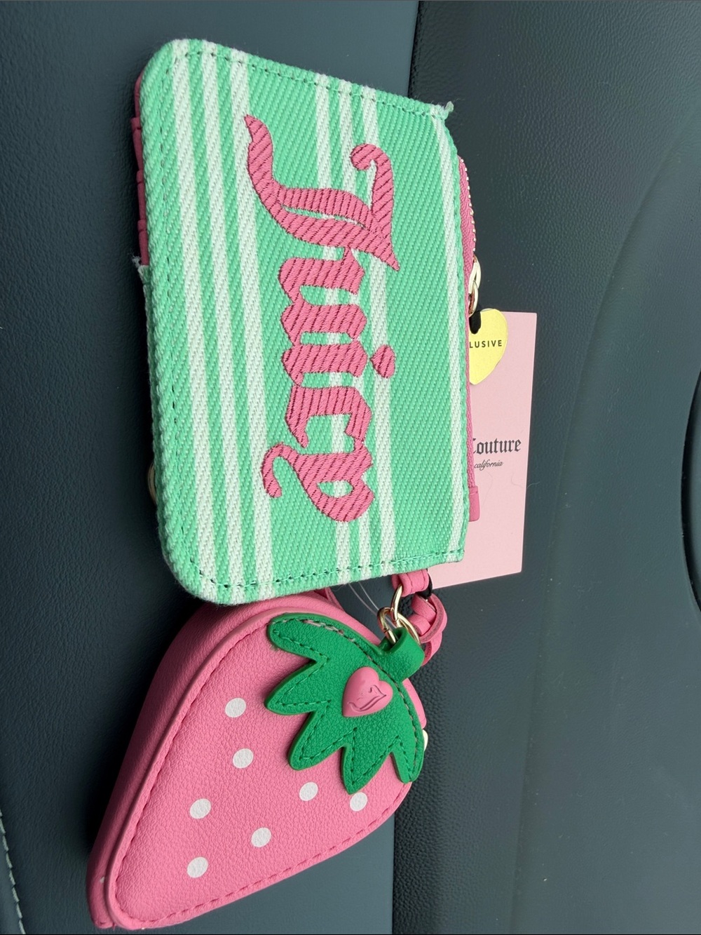 Juicy Couture Pink Strawberry Coin Pouch with Mint Striped Card Sleeve